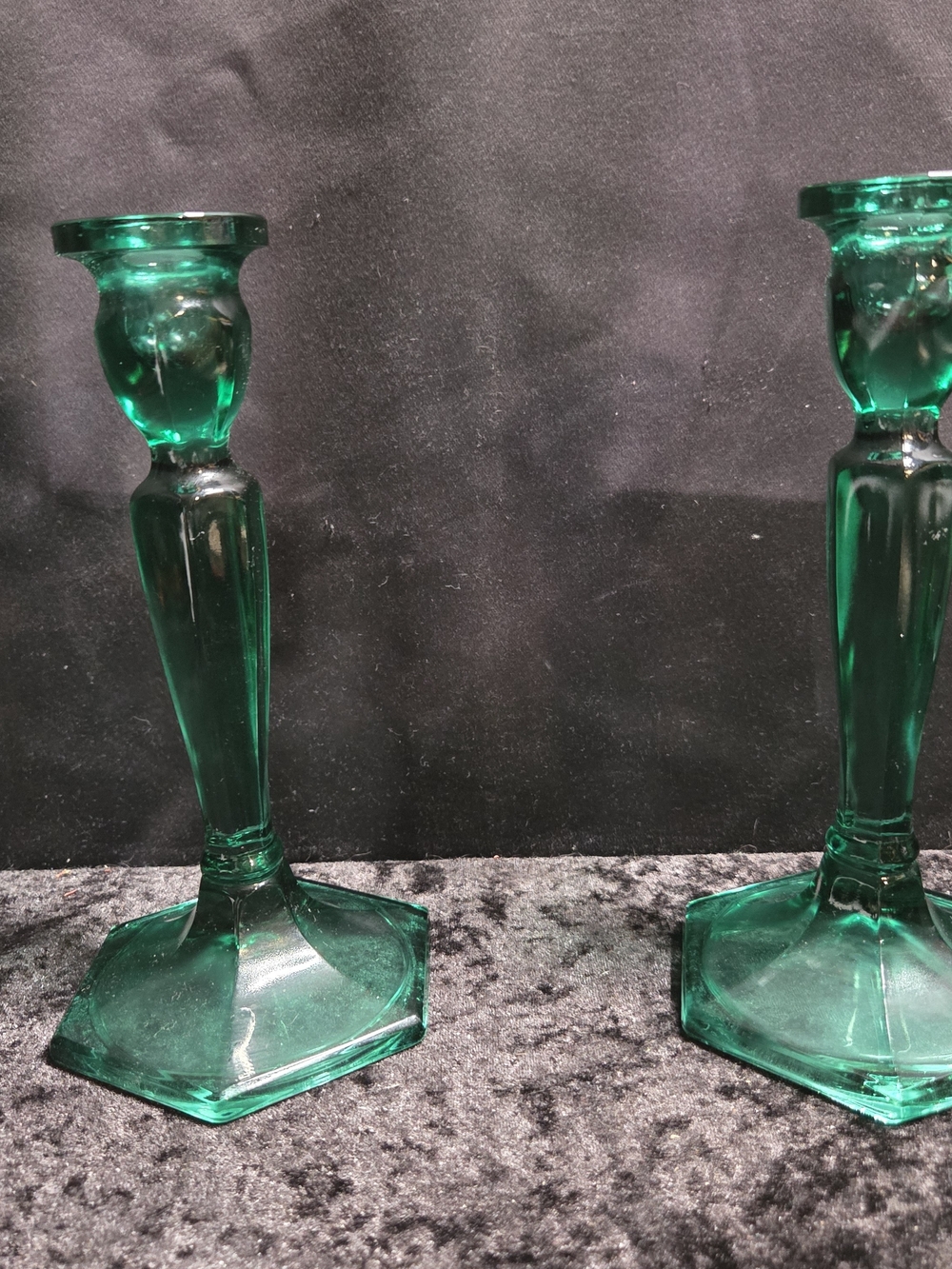 Pair Fenton Anerican Art Glass 8.5" Emerald Green Hexagon Base Tall Candlesticks